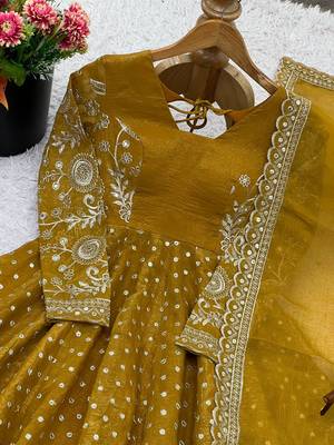 Crunchy silk blend mustard yellow polka dot anarkali 6