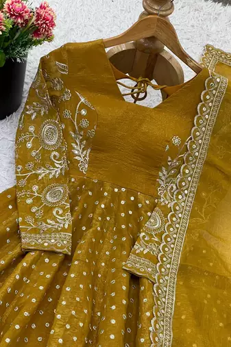 Crunchy silk blend mustard yellow polka dot anarkali