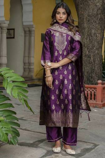 Vredevogel Women's Cotton Silk Jacquard Kurta Pant Set With Banarasi Silk Dupatta