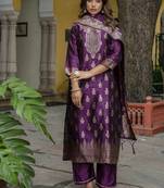 Vredevogel Women's Cotton Silk Jacquard Kurta Pant Set With Banarasi Silk Dupatta