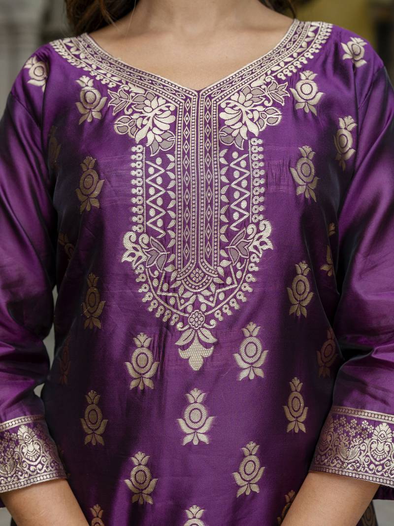 Vredevogel Women's Cotton Silk Jacquard Kurta Pant Set With Banarasi Silk Dupatta