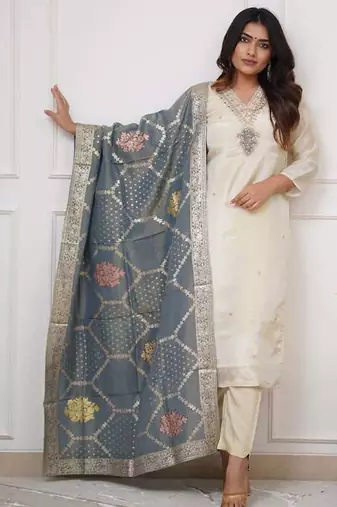Beautiful Embroidery Viscose Chanderi Straight Kurta Pant With Dupatta Set