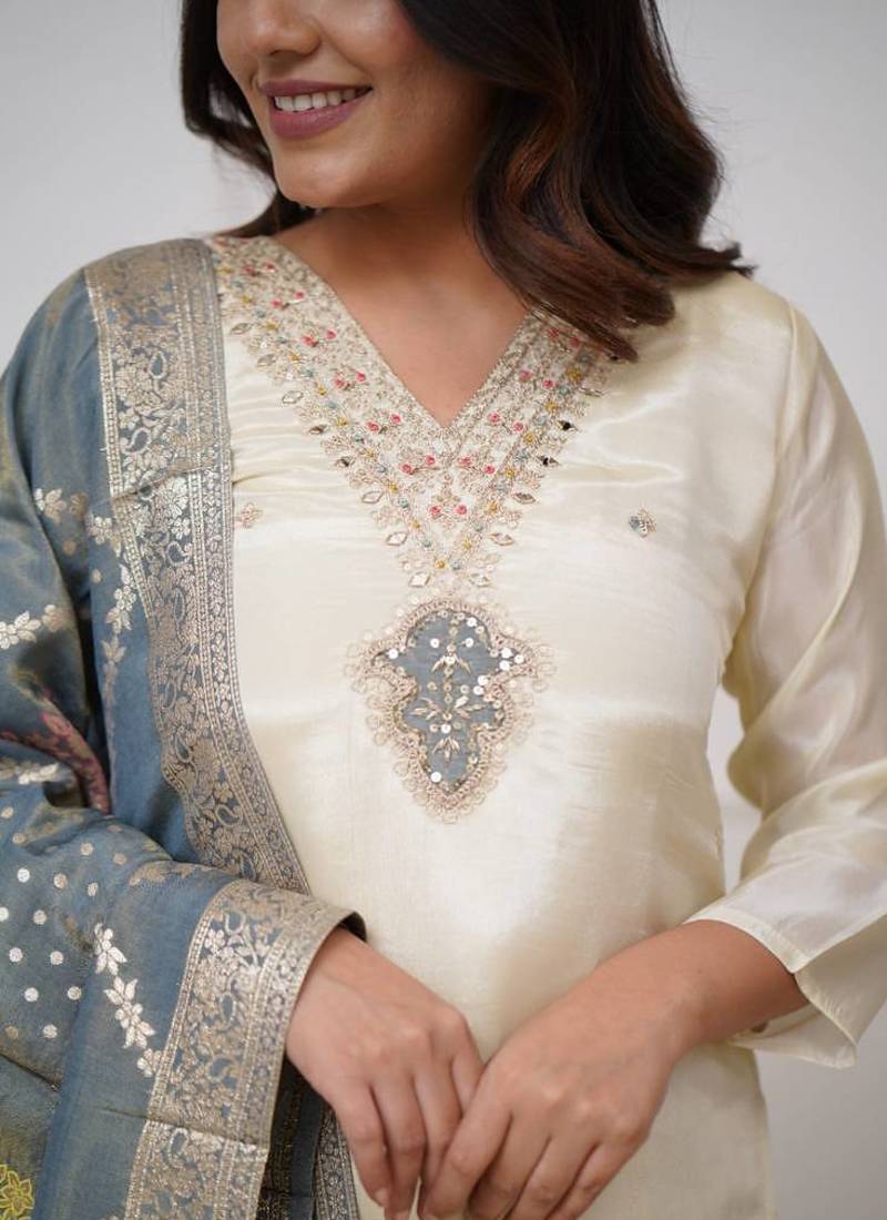 Beautiful Embroidery Viscose Chanderi Straight Kurta Pant With Dupatta Set