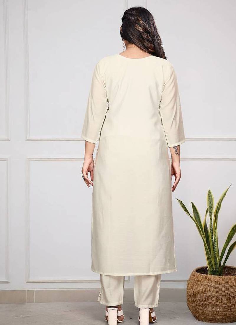 Beautiful Embroidery Viscose Chanderi Straight Kurta Pant With Dupatta Set