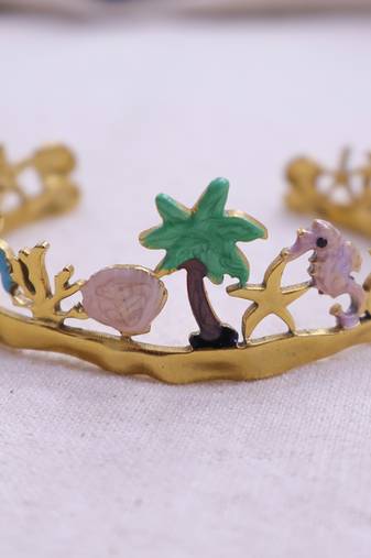 Women   s gold plated tropical theme open bangle | shell, starfish & palm tree design stainless steel bracelet