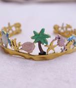 Women   s gold plated tropical theme open bangle | shell, starfish & palm tree design stainless steel bracelet