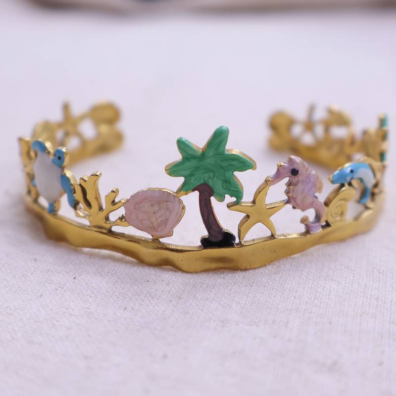 Women   s gold plated tropical theme open bangle | shell, starfish & palm tree design stainless steel bracelet