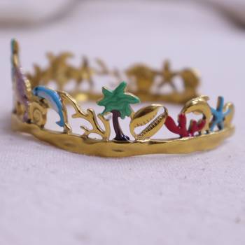 Women   s gold plated tropical theme open bangle | shell, starfish & palm tree design stainless steel bracelet 2