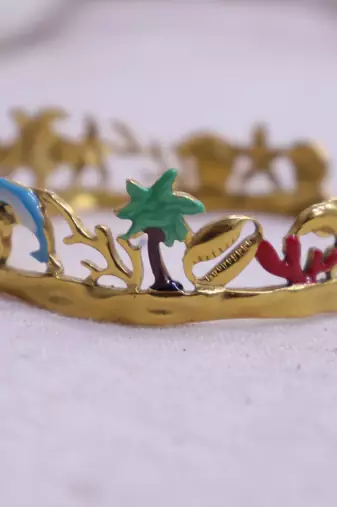 Women   s gold plated tropical theme open bangle | shell, starfish & palm tree design stainless steel bracelet