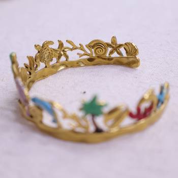 Women   s gold plated tropical theme open bangle | shell, starfish & palm tree design stainless steel bracelet 3