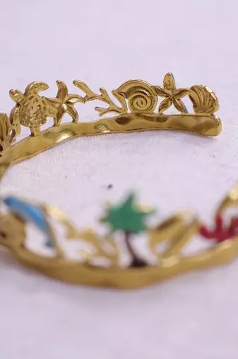Women   s gold plated tropical theme open bangle | shell, starfish & palm tree design stainless steel bracelet