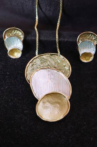 Women   s abstract layered necklace set with earrings | modern gold finish designer jewelry
