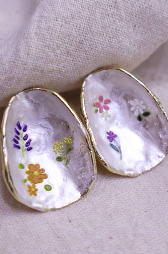 Women   s handpainted shell flower earrings with gold edge | artistic statement fashion jewelry