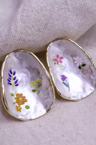 Women’s handpainted shell flower earrings with gold edge | artistic statement fashion jewelry