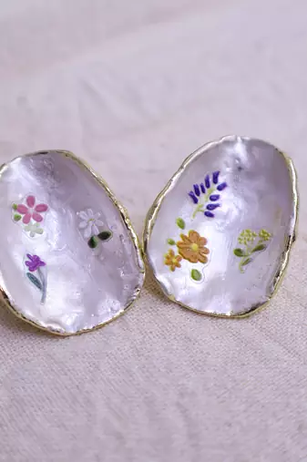 Women   s handpainted shell flower earrings with gold edge | artistic statement fashion jewelry