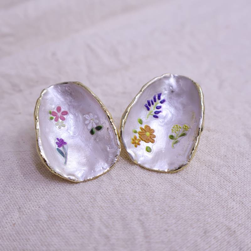 Women’s handpainted shell flower earrings with gold edge | artistic statement fashion jewelry