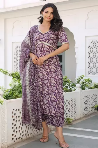 Women solid cotton thread work kurta with trousers & dupatta
