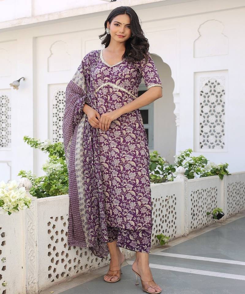 Women solid cotton thread work kurta with trousers & dupatta
