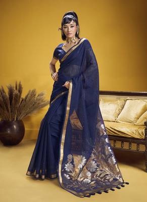 navy blue pure munga silk blend handloom weaving saree 1