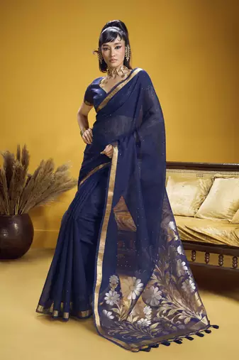 navy blue pure munga silk blend handloom weaving saree