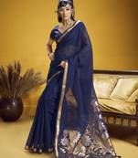navy blue pure munga silk blend handloom weaving saree