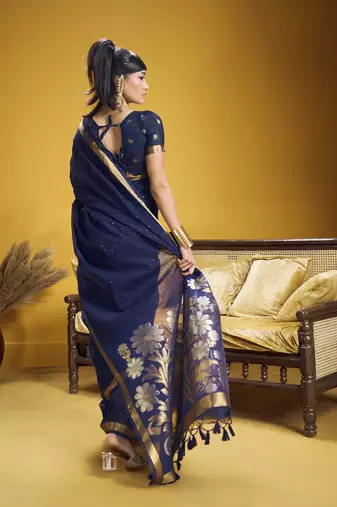 navy blue pure munga silk blend handloom weaving saree