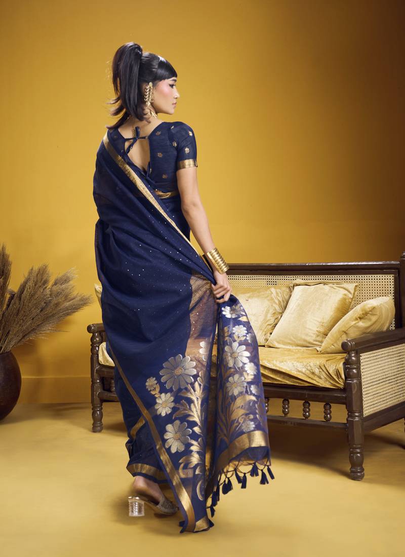 navy blue pure munga silk blend handloom weaving saree