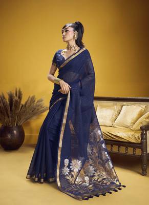 navy blue pure munga silk blend handloom weaving saree 3