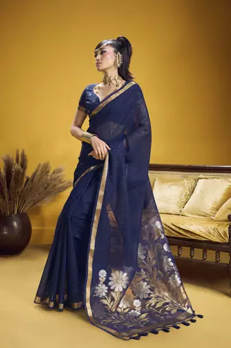 navy blue pure munga silk blend handloom weaving saree