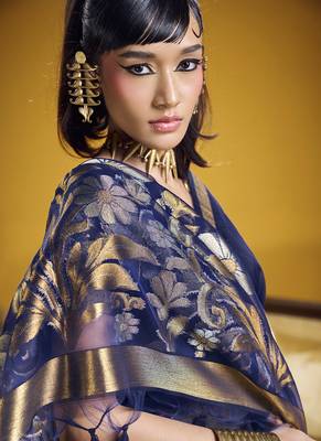 navy blue pure munga silk blend handloom weaving saree 4