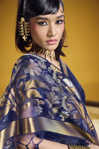 navy blue pure munga silk blend handloom weaving saree