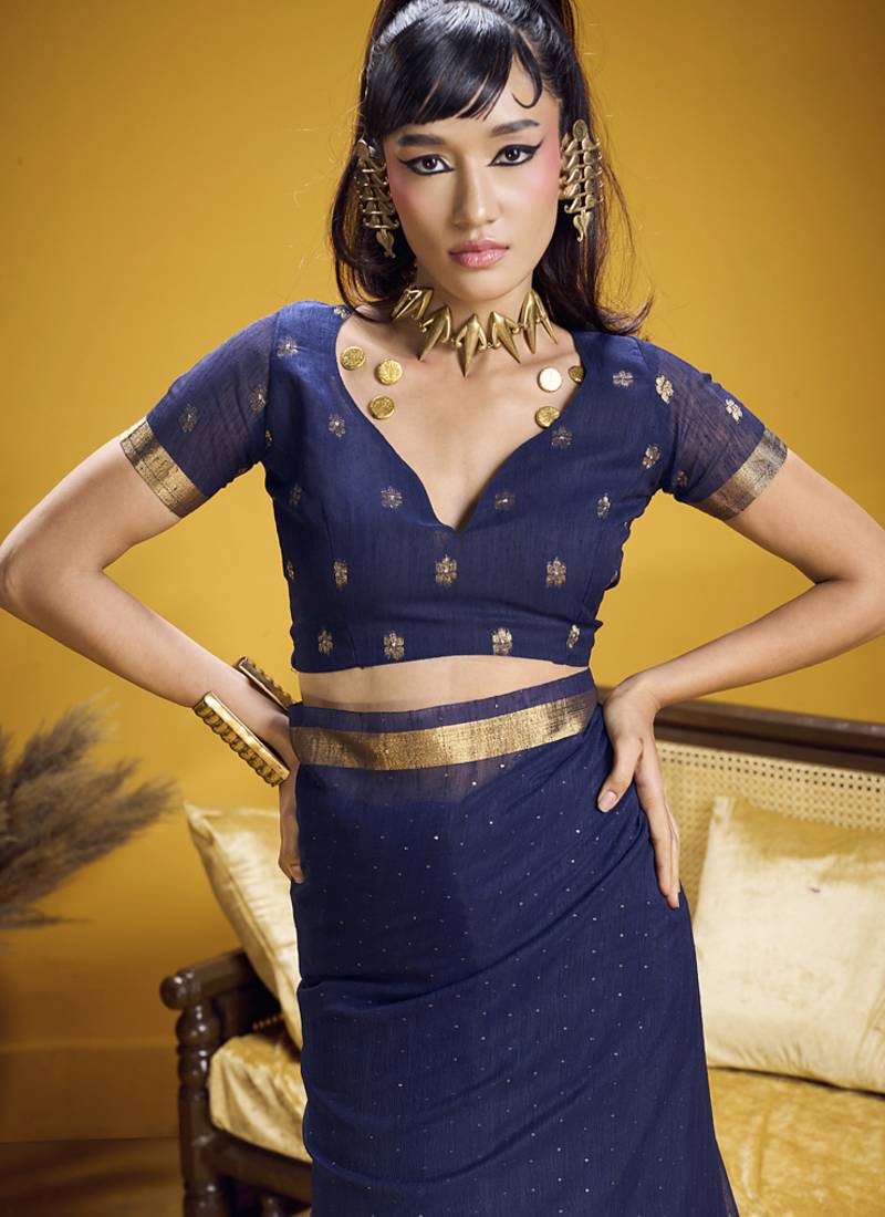 navy blue pure munga silk blend handloom weaving saree