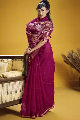 rani pink pure munga silk blend handloom weaving saree