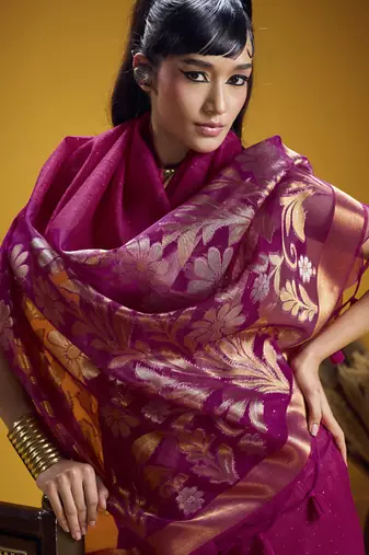 rani pink pure munga silk blend handloom weaving saree
