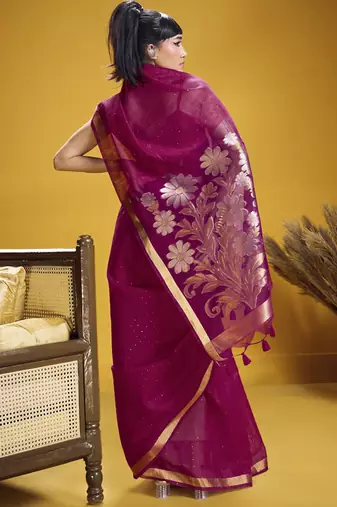 rani pink pure munga silk blend handloom weaving saree