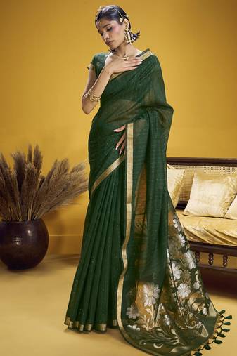 dark green pure munga silk blend handloom weaving saree