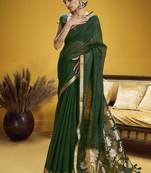dark green pure munga silk blend handloom weaving saree