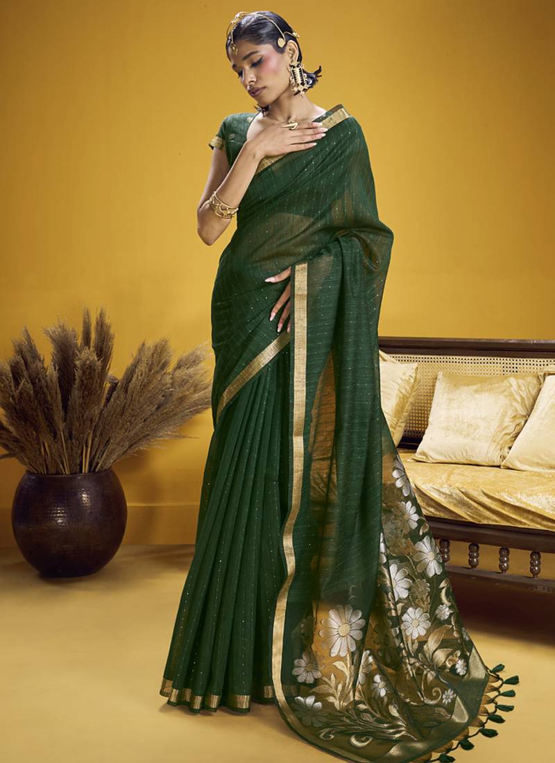 dark green pure munga silk blend handloom weaving saree