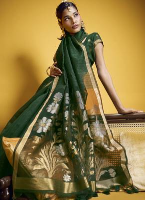 dark green pure munga silk blend handloom weaving saree 2