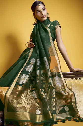dark green pure munga silk blend handloom weaving saree