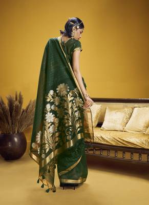 dark green pure munga silk blend handloom weaving saree 3