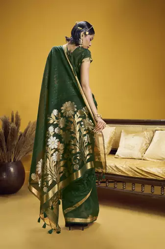 dark green pure munga silk blend handloom weaving saree