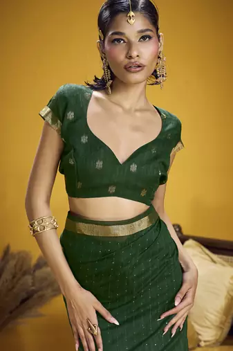dark green pure munga silk blend handloom weaving saree