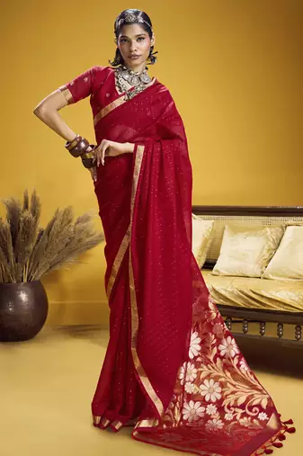 red pure munga silk blend handloom weaving saree