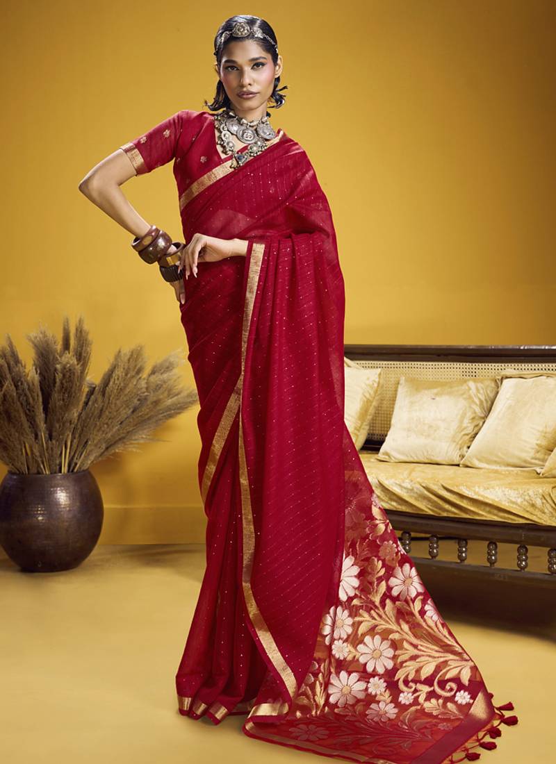 red pure munga silk blend handloom weaving saree