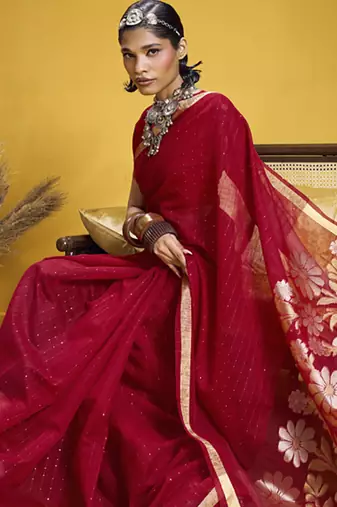 red pure munga silk blend handloom weaving saree