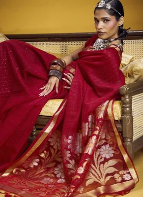 red pure munga silk blend handloom weaving saree 3