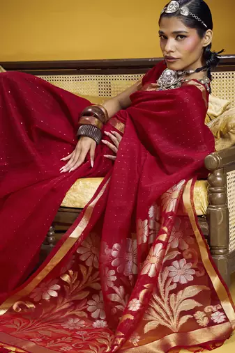 red pure munga silk blend handloom weaving saree