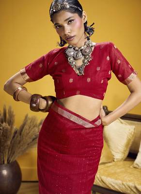 red pure munga silk blend handloom weaving saree 4