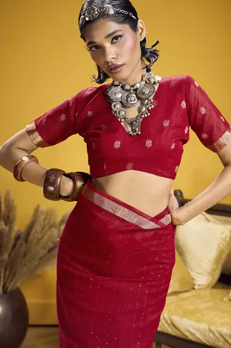 red pure munga silk blend handloom weaving saree